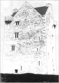 This computer enhanced reconstruction of Oola castle, County Limerick, a later tower house, shows the building as it may once have looked, with whitewashed walls,gables crowned with chimneys and mullioned windows.[Donnelly, Alexander & Pringle]