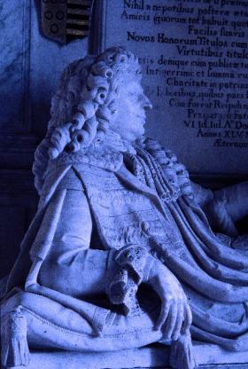 Right: Marble effigy of his patron, Sir John Lowther, in Lowther church, Cumbria.