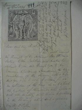 A letter from Buncrana (15 December 1846), from Bishop Maginn of Raphoe, begs to postpone devotions called for by Pius IX because ‘our poor people throughout the length and breadth of this diocese are in a state of actual starvation . . .’. (Pontifical Irish College Archives)