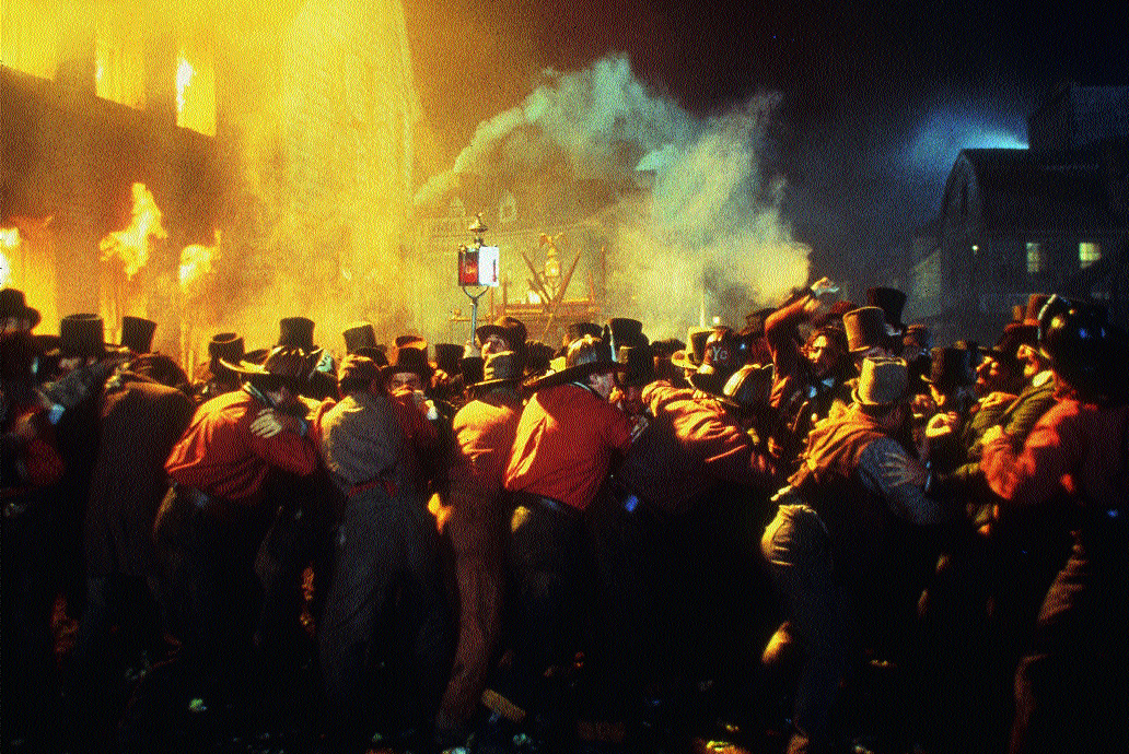 Rival New York volunteer fire companies, often composed of members of violent street gangs, sometimes fought each other rather than the fire, as seen here in ‘Gangs of New York‘. They greatly resented not being exempted from the draft, as they were from militia service. Disgruntled members of the ‘Black Joke' company instigated the initial attack on the Ninth Congressional District draft office. (Warner Brothers)