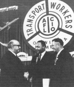 Transport Workers’ Union president Mike Quill greets Dr Martin Luther King at TWU Union Hall in 1964. (Tom Matthews)