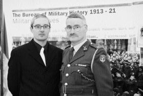 Interviewer Conor Kostick with Commandant Victor Laing at the launch of the Bureau material in March 2003 at Military Archives, Cathal Brugha Barracks. (Photographic Section, Air Corps)