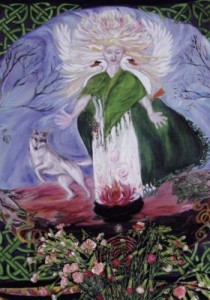 A painting of Brigid in the Goddess Temple, Glastonbury, a registered place of worship where ceremonies to honour the goddess Brigid are held.