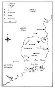 Leinster c. 1208—the Mac Murchada power base roughly corresponded to the modern counties of Wexford and Carlow. (David Crouch)