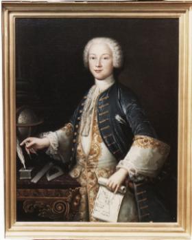 Patrick d’Arcy in 1742, aged seventeen. Artist Hubert Druais depicts an elegant and confident young man, surrounded by the implements of his studies and holding the pages of one of two memoirs on dynamics just presented to the Académie Royale des Sciences, Paris. (Private collection)