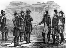 President and administrator of Upper Canada, Major-General Sir Isaac Brock (centre), accepts the surrender of American forces at Fort Detroit, 16 August 1812. Joseph Willcocks led legislative efforts to block Brock’s attempt to declare martial law in Upper Canada at the outbreak of the war, then reversed his position to become his right-hand man, serving with distinction at the battle of Queenston Heights, 13 October 1812, in which Brock was killed. (Canadian Illustrated News, c. 1863, and Government of Ontario Art Collection)