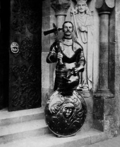 The mythology created by Sir Matthew Barrington at Glenstal Castle was eagerly consumed by subsequent generations. Here is his grandson, Sir Charles, in full knightly regalia, at the main door in the late nineteenth century. In 1925 he offered the castle to the Irish Free State as an official residence for any future head of state. (Irish Picture Library, Birr Castle).