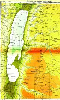 The Dead Sea in the Atlas of the historical geography of the Holy Land by George Adam Smith and J.G. Bartholomew (1915), showing (inset) Point (nowadays Cape) Costigan, Point Molyneaux and the biblical city of Zoar.