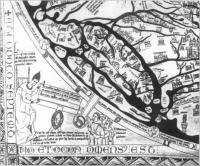 Fig.3. The Hereford Map(c. AD 1300),in which Augustus is shown issuing orders to three surveyors(mensores). Ireland,above the heads of the mensores, is depicted as being part of the Roman world.