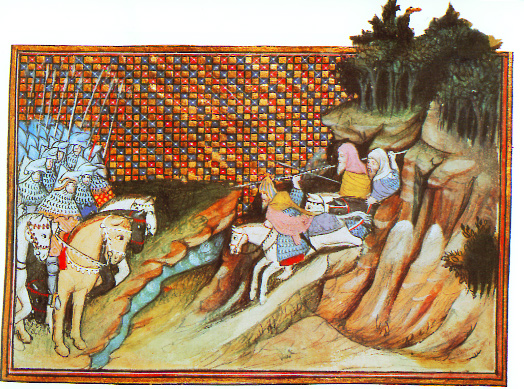 The forces of Richard II (left) face Art MacMurrough (right) in battle.