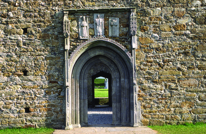 Clonmacnoise Cathedral-had been refurbished in the second half of the fifteenth century, when a very fine doorway in the perpendicular Gothic style was inserted into the north wall. (Department of the Environment, Heritage and Local Government)