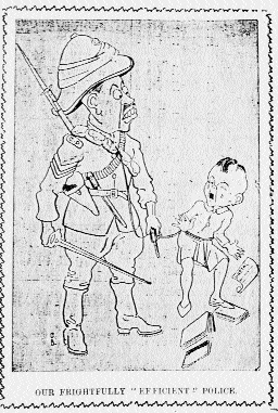 ‘Our frightfully efficient police'-Tegart, bristling with arms, is depicted arresting a schoolboy with a document reading ‘hartal' [general strike]. (Dainik Basumati, 21 February 1928)