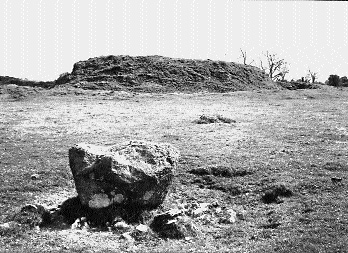 The great mound of Magh Adhair near Toonagh, County Clare, with basin-stone in foreground-assembly place of the Dál gCais and their O'Brien descendants. (Díºchas, The Heritage Service)