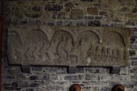 Section of Thomas Cusack’s funerary monument, now in Tara Church, Co. Meath, showing Cusack, his second wife Maud Darcy, and their thirteen children. Elsewhere it has the coats of arms of the Cusacks, Darcys and Sarsfields (family of his third wife, Jenet) but no reference to his first wife, Joan Hussey, or her family. (Julian Thomas/OPW)