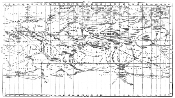 Italian astronomer Schiaparelli's sensational diagram of the network of canali (natural grooves) that he reported seeing on the Martian surface.