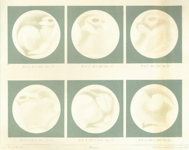 Burton's first Mars map of 1879â€“80 (top) showed surface markings similar to the newly discovered ‘canals'. Despite bad weather, his expert skills are shown in further drawings of Mars during its close approach in the winter of 1881/2 (bottom). Within six months he would be dead. (RDS)