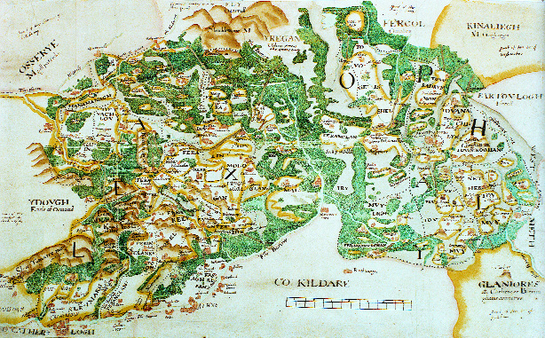 Laois and Offaly c. 1562, viewed facing west, the physical view afforded to Cosby and his fellow English adventurers from the Pale side of the Barrow. The atmosphere created is one of a topography as untamed and inaccessible as its inhabitants. (Trinity College, Dublin)