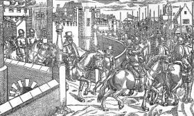 Sir Henry Sidney riding out from Dublin Castle. Overlooking him, suspended on spikes over the main gate, are the ‘trunkless heddes’ of three bearded Irishmen killed on his orders. (John Derricke’s The Image of Irelande, 1581)