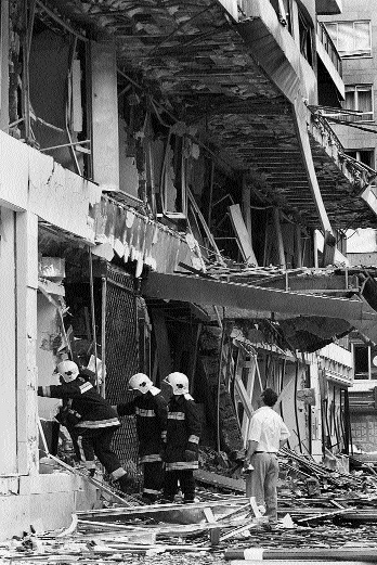 The aftermath of an ETA car bomb in Logroí±o, capital of Spain's Rioja wine-producing region, 10 June 2001; fortunately, no-one was killed or seriously injured. (AP/Jon Dimis)