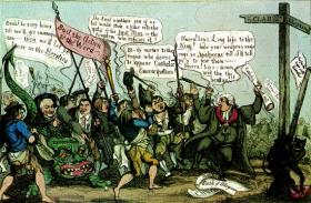 Contemporary cartoon of Daniel O’Connell and his followers waiting for Emancipation to loose the dragon of persecution on Protestant heretics. Catholics saw the power that collective agitation could generate. (Radio Times Hulton Picture Library)