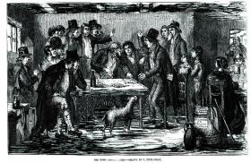 Generic image of an agrarian secret society being addressed by a schoolmaster. (Illustrated London News, undated)