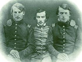 Sheridan (centre) and his friends Lt George Crook (left) and Lt John Nugent (right) at the West Point graduation of 1852. His career at West Point was undistinguished except for a massive accumulation of demerits, mostly awarded for fighting. (West Point Museum)