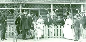 Fort Sanders, Wyoming, 1868 — the only known photograph that includes Sheridan (extreme right), William T. Sherman (extreme left) and Ulysses S. Grant (centre, in white hat). (National Park Service, Golden Spike National Historic Site)