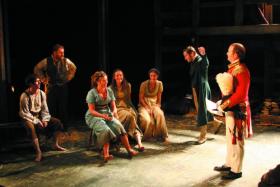 Billy Carter (Owen, second right) introduces Simon Coates (Captain Lancey, right) to the hedge school’s teacher’s assistant David Ganley (Manus, second left) and students Eugene O’Hare (Doalty), Mairead McKinley (Maire), Jane Murphy (Bridget) and Aislinn Mangan (Sarah). (John Haynes)