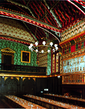 Examples of Morris's work as an artist and designer-(left) interior of Queens' College Hall, Cambridge, 1866-7-(right) manuscript of Horace's Odes, 1874. (Woodmansterne and Bodleian Library, Oxford)