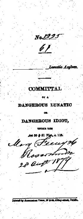 Committal form of Mary Feeny, Co. Roscommon, committed 27 August 1879. 