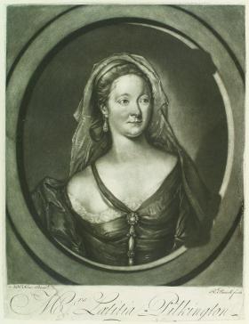 Mezzotint, published 1760, of Laetitia Pilkington (née Van Lewen) by Richard Purcell, after Nathaniel Hone. (National Portrait Gallery, London.)