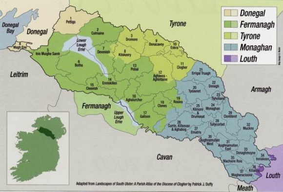  In July 1704 Clogher diocese had seventeen priests registered in County Monaghan, eleven in Fermanagh, four in Tyrone and one in Louth. 