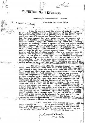 The Prescott-Decie letter of 1 June 1920 can be found in Crime Special Branch Other Papers, Box 24, National Archives of Ireland. No related material accompanies the one-page document, which appears to have become separated from a larger administrative file and left behind during the evacuation of Dublin Castle in 1922. (NAI)