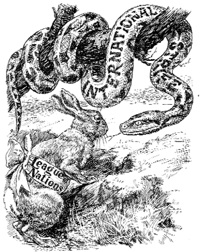 ‘Moral Suasion. The Rabbit: “My offensive equipment being practically nil, it remains for me to fascinate him with the power of my eye”’. (Punch)