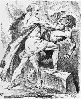 ‘Strangling the Monster’—Gladstone gets to grips with ‘anarchy’, ‘terrorism’ and ‘sedition’ in Ireland. (Punch, 5 February 1881)