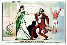 Erin, whip in hand, about to chastise the chief secretary for Ireland. Cartoons such as this (and the one on the previous page) tended to bolster the impression presented to the Irish public by the Irish Parliamentary Party that it had power over the British government, when the reverse was the case. (Weekly Freeman, 29 January 1887)