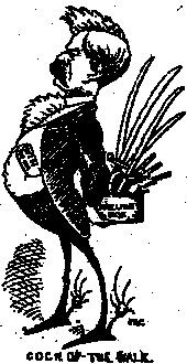 Caricature of J. J. O’Kelly as a fighting cock from Dublin’s Warder and Weekly Evening Mail, 9 June 1883. (National Library of Ireland)