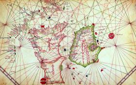 Map of Britain and Ireland by Grazioso Benincasa, Venice, produced in 1473 before the convention of placing north at the top was adopted. The Isola di Bracil (Island of Brasil) is represented as a large red circle off the coast of Ireland—27 years before the discovery of Brazil by the Portugese. (British Library)