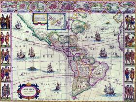 Map of North and South America produced by Jean Blaeu in Amsterdam in 1663, showing both Brazil the country and ‘Brasil’ the island (the blue dot in the North Atlantic). (British Library)