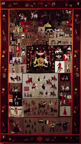 Panel 1, at the bottom of the tapestry—‘The Irish Constabulary and the Boys of Ballingarry’—representing the 1848 rebellion of the Young Irelanders in County Tipperary, is remarkable for the early pictorial representation of the Irish tricolour. Note that the rebels are depicted on a larger, more dashing scale than the police. (National Museum of Ireland)