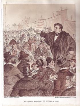 ‘The Liberator addressing the electors of Clare.’ The Mary Russell massacre pushed the Clare election of 1828 off the front pages of Cork’s newspapers. O’Connell was engaged for the prosecution, but did not attend for the one day the trial lasted. (Maclure & Macdonald Lithographers, Glasgow)