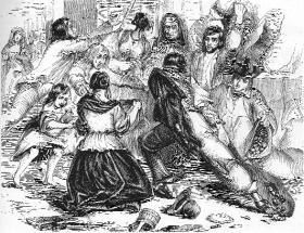 An attack on a potato store by starving people. At no stage was the idea of banning food exports a subject for debate during the general election. (Illustrated London News, 18 June 1842) 