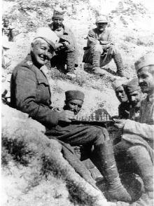 Sergeant-Major Flora Sandes playing chess with Serbian comrades during a lull in the fighting. (Sandes family)