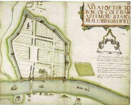 ‘A Plat of the towne of Coleraine as it now stands bvilt and fortified’. Sir Josias Bodley had designed the fortifications but plots remained empty for many years. (Worshipful Company of Drapers of the City of London)