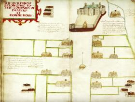 Thomas Raven’s ‘The buildings belonging to the Company of Drapers at Monnemore’ (1622) shows the extent and quality of the Monnymore settlement—or does it? (Drapers’ Hall)