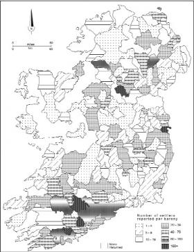 Geographical distribution of settlers by barony, as reported in the 1641 Depositions. (W. J. Smyth, Map-making, landscape and memory: a geography of colonial and early modern Ireland c. 1530–1750, Cork University Press, 2006)