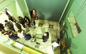 Visitors to the La Trinidad Valencera exhibition (above), on the Spanish Armada ship that sank in nearby Kinnegoe Bay in 1588, including the ship’s wheel (middle) and one of its cannon (bottom).