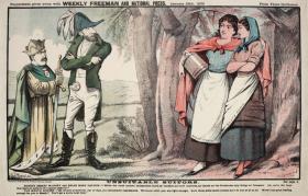 ‘Unsuitable suitors’—Parnellite candidates ‘Brian Boru’ Dalton and ‘Robert Emmet’ Mahony try (unsuccessfully, as it transpired) to woo the Meath sisters, ‘North’ and ‘South’, in the by-elections of 1893, occasioned by their successful petition to annul the previous elections of July 1892 on the grounds of ‘undue clerical influence’. (Supplement to the Weekly Freeman and National Press, 28 January 1893)