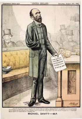 Parnellite cartoon contrasting anti-Parnellite Meath MP Michael Davitt’s oath of fidelity to the queen in 1892 (in his hand, and note the Fenian oath trodden underfoot) with his 1885 ‘letter to the radical electors of Sheffield’ (text at bottom) condemning the same oath. (Supplement to United Ireland, 13 August 1892)