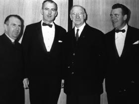 Telefís Éireann’s first director-general, Edward Roth, President Éamon de Valera and the chairman of the Television Authority, Eamonn Andrews, on the opening night. (RTÉ Stills Library)